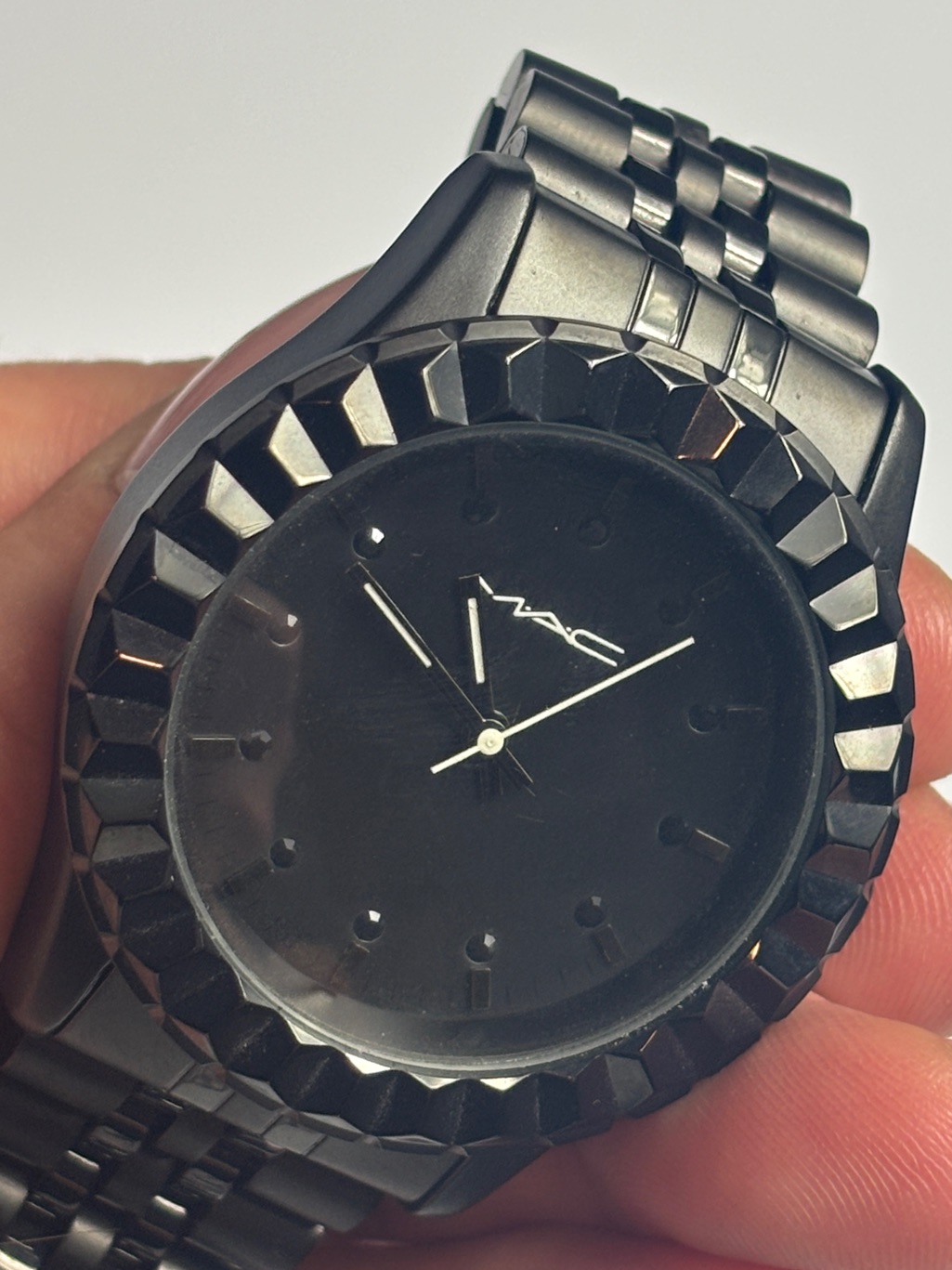 Mac Cosmetics Black Faceted Bezel Stainless Steel Watch-Needs Battery